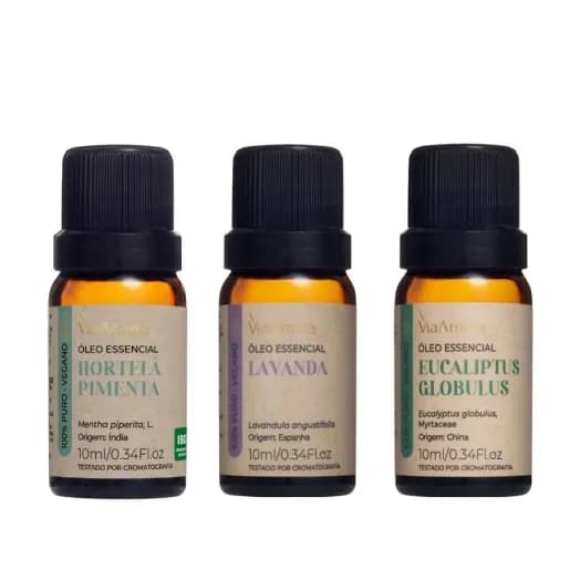 Kit 3 Óleos Essenciais Via Aroma – Eucaliptus Globulus, Lavanda e Hortelã Pimenta