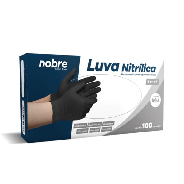 Luva nitrilica s/pó p/proteção contra agentes químicos c/100unid. (no esteril) “M/8” preta – Nobre