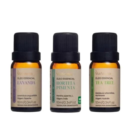 Kit 3 Óleos Essenciais Via Aroma - Lavanda, Hortelã Pimenta e Tea Tree