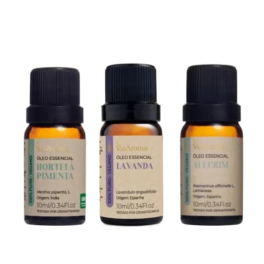 Kit 3 Óleos Essenciais Via Aroma - Alecrim, Lavanda e Hortelã Pimenta