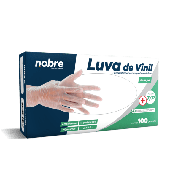 Luva Vinil s/ Pó – Proteção Contra Agentes Quím. – P – c/100unid. – Nobre
