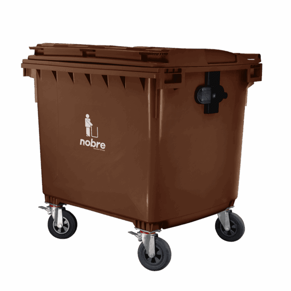 Coletora plastica 1100l. (s/ pedal, c/ rodas e engate p/ coleta mecanizada) marrom – Nobre