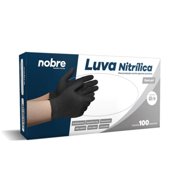 Luva nitrilica s/pó p/proteção contra agentes químicos c/100unid (nao esteril) “G/9” preta - Nobre