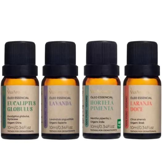Kit 4 Óleos Essenciais Via Aroma - Eucaliptus Globulus, Laranja Doce, Lavanda e Hortelã Pimenta